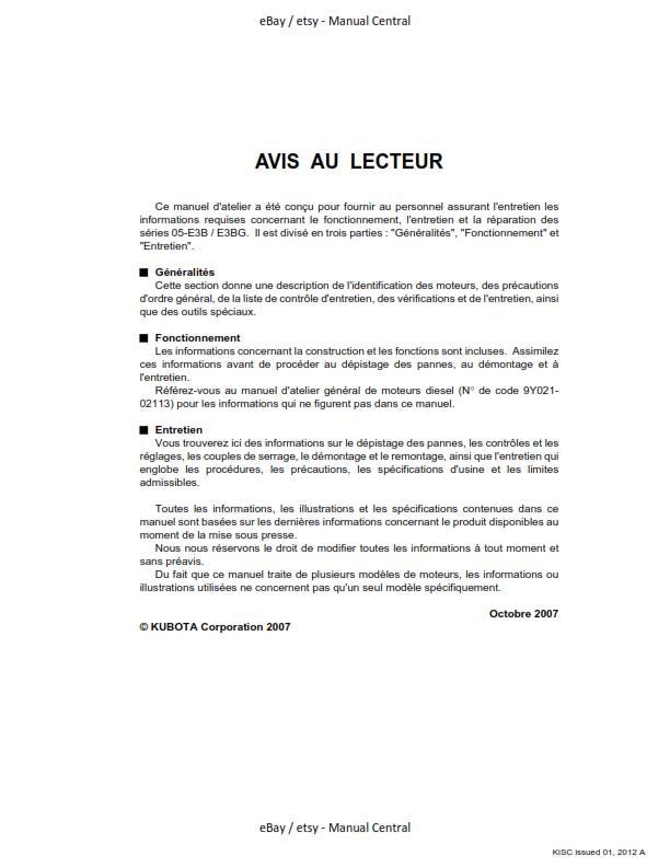 French Language - Kubota Diesel Engine -Serie 05-E3B 05-E3BG - Manuel D'Atelier - Moteur Diesel