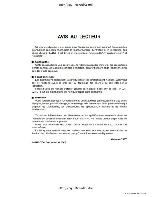 French Language - Kubota Diesel Engine -Serie 05-E3B 05-E3BG - Manuel D'Atelier - Moteur Diesel
