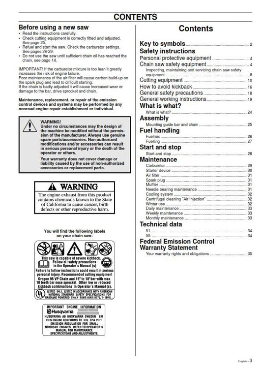 Husqvarna Chainsaw - 51 55 Operator Manual