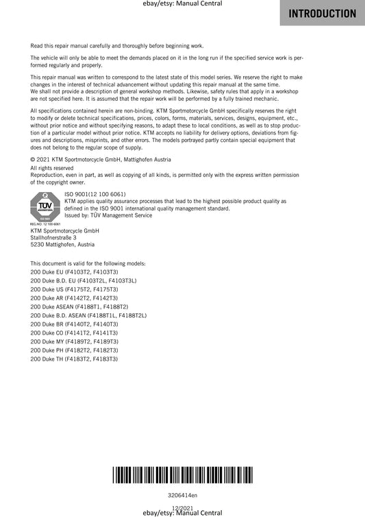 PDF - KTM 2020 - 200 Duke - Service Workshop Repair Manual