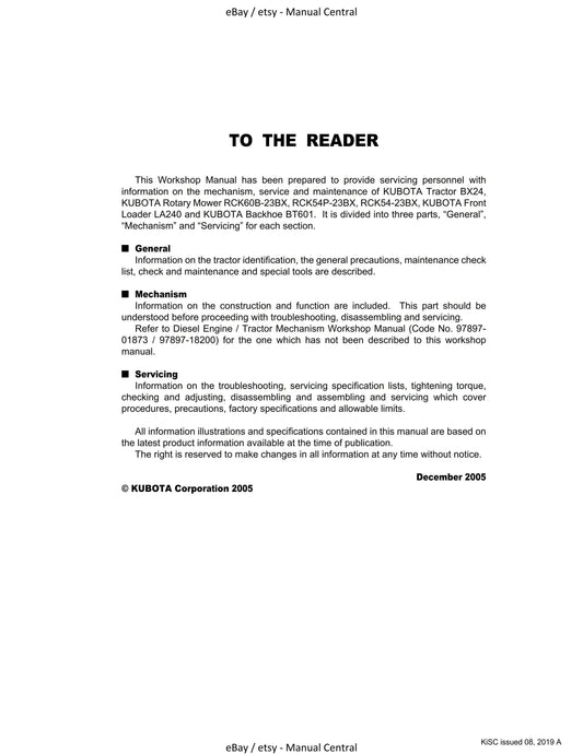 Kubota Tractor Front Loader Backhoe Rotary Mower- BX24 LA240 BT601 RCK54 RCK54P RCK60B Workshop Service Repair Manual