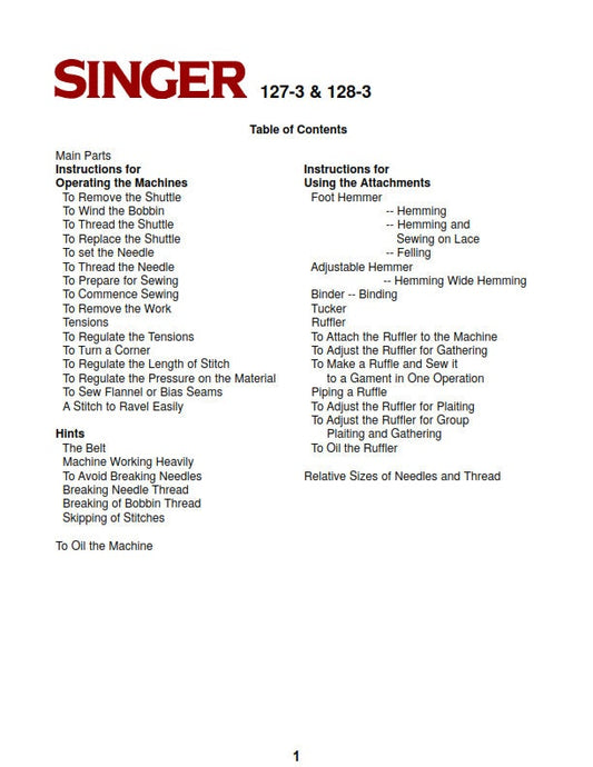 Singer 127-3 & 128-3 Sewing Machines - Vibrating Shuttle - Instruction User Manual