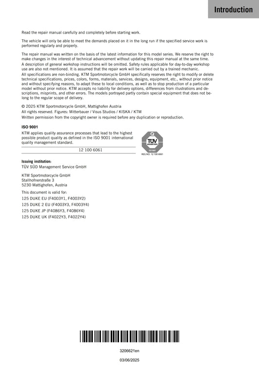 KTM 2025 - 125 Duke - Service Workshop Repair Manual