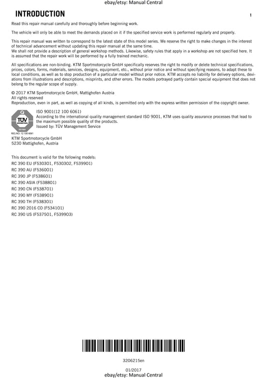 KTM 2015 - RC 390 - Service Workshop Repair Manual