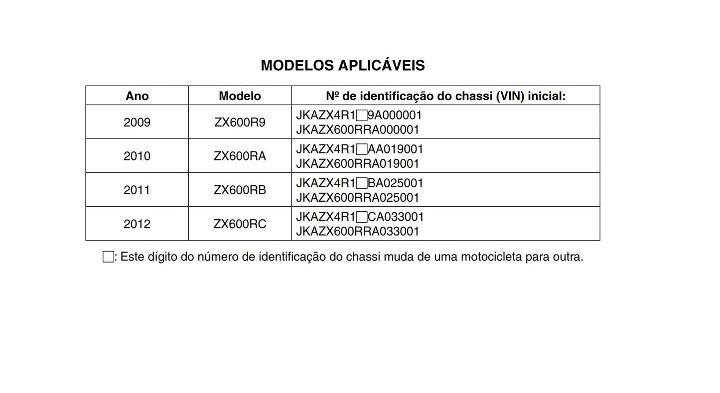 Portugese Language - Kawasaki Ninja ZX-6R - 2009 to 2012 - Manual de Servicos - ZX600R9 ZX600RA ZX600RB ZX600RC