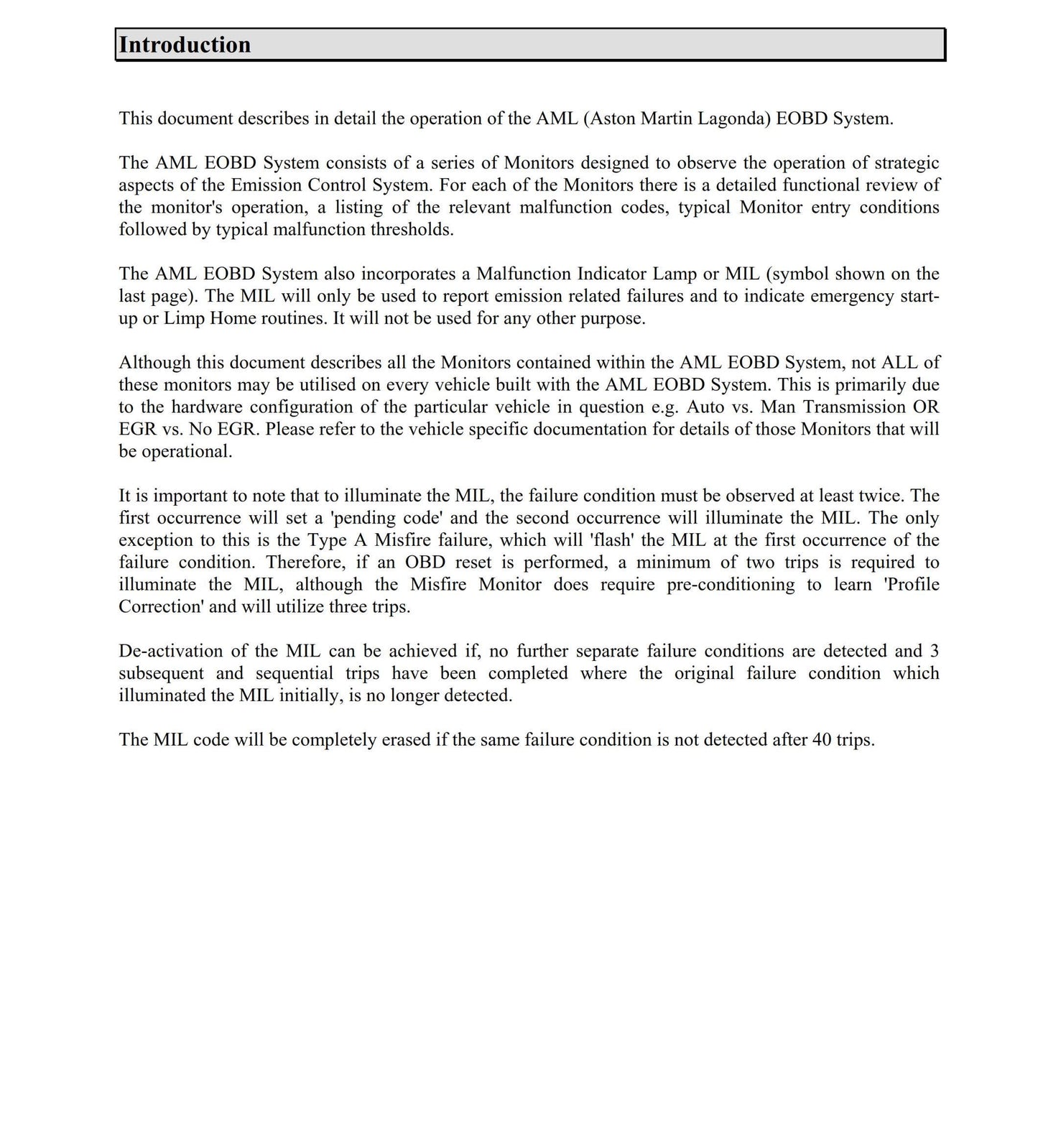 Aston Martin European On Board Diagnostics EOBD Summary Documentation 2010 Edition