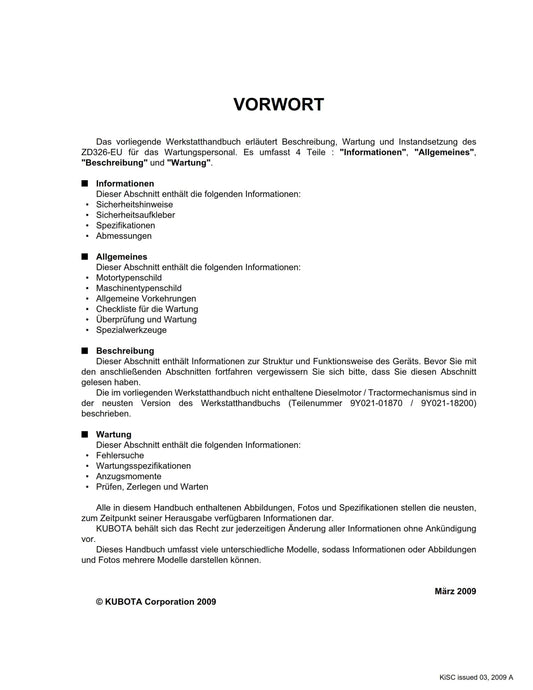 Kubota ZD326-EU - WERKSTATTANLEITUNG