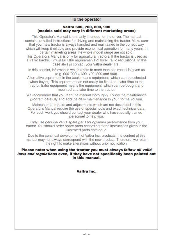 Valtra Tractor - 600 700 800 900 - Operator manual
