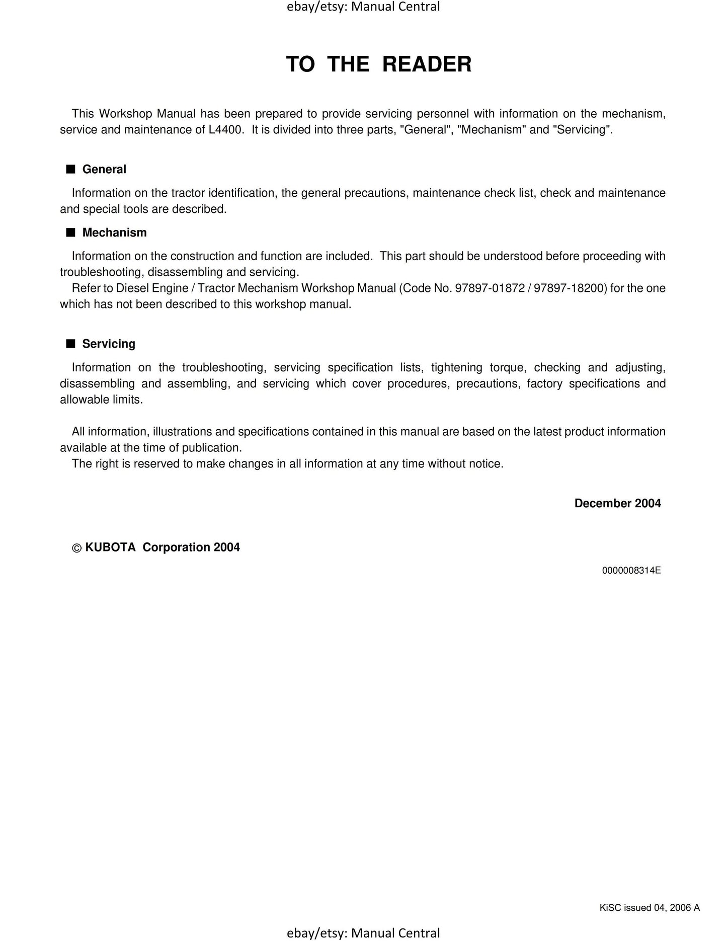 Kubota Tractor - L4400 Workshop Service Repair Manual - 2006 Edition