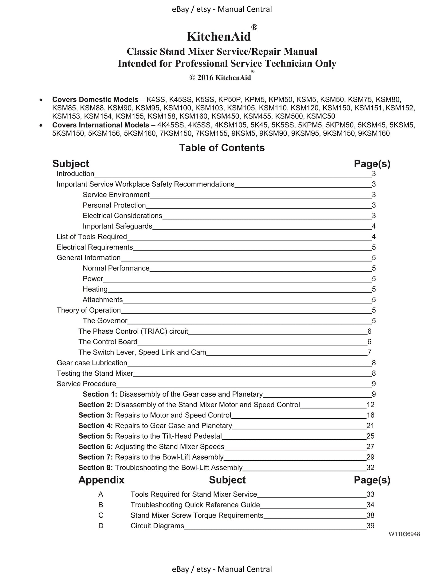 KitchenAid Kitchen Aid - Service Workshop Service Manual - Classic Stand Mixer
