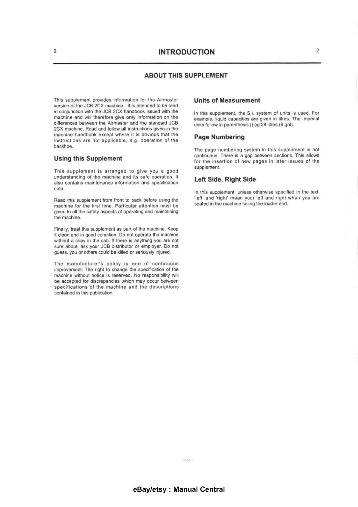JCB 2CX Airmaster Operator Handbook Supplement