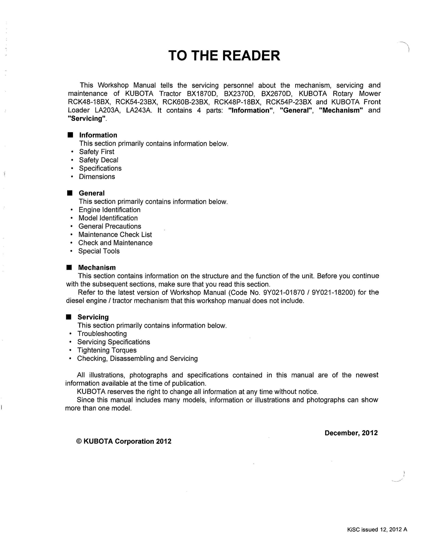 Kubota Tractor Mower Front Loader - BX1870 BX2370 BX2670 RCK48-18BX RCK54-23BX RCK60B-23BX RCK48P-18BX Workshop Service Repair Manual