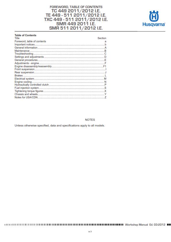 Husqvarna 2011 2012 2013 - Tc Te Txc Smr 449 511 Service Workshop Repair Manual