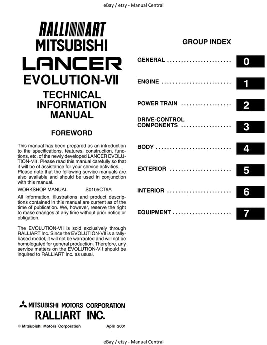 Mitsubishi Lancer Evolution Evo VII 7 - Technical Information Manual