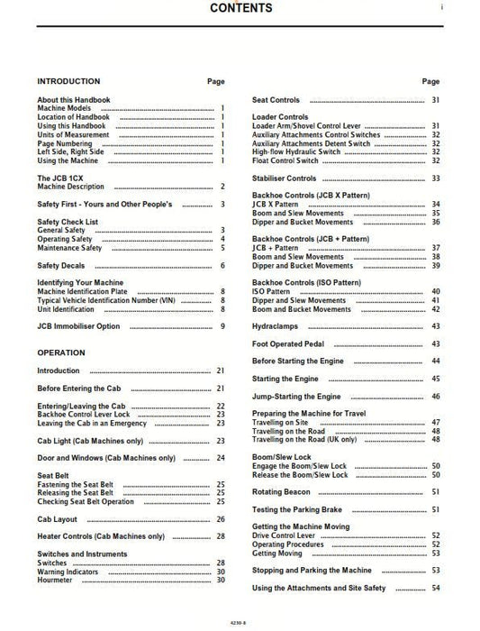 JCB 1CX Operator Handbook - SN 751600 to 752999 - 806000 onwards