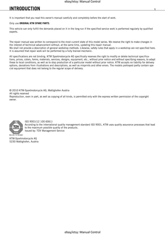 KTM ATV 2009 - 450 525 Xc Atv - Service Workshop Repair Manual