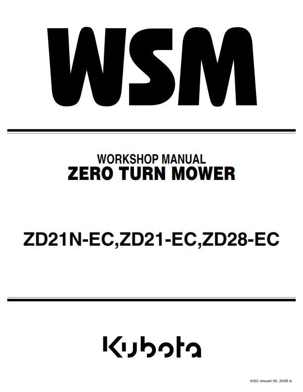 Kubota - ZD21N-EC ZD21-EC ZD28-EC Zero Turn Mower Workshop Service Repair Manual