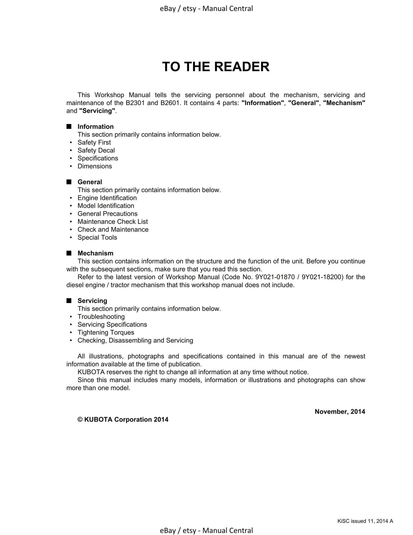 Kubota Tractor - B2301 B2601 - Workshop Service Repair Manual