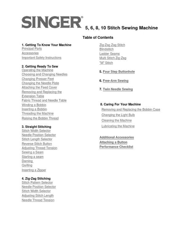 Singer - 5 6 8 10 Stitch Sewing Machines - Instruction User Manual
