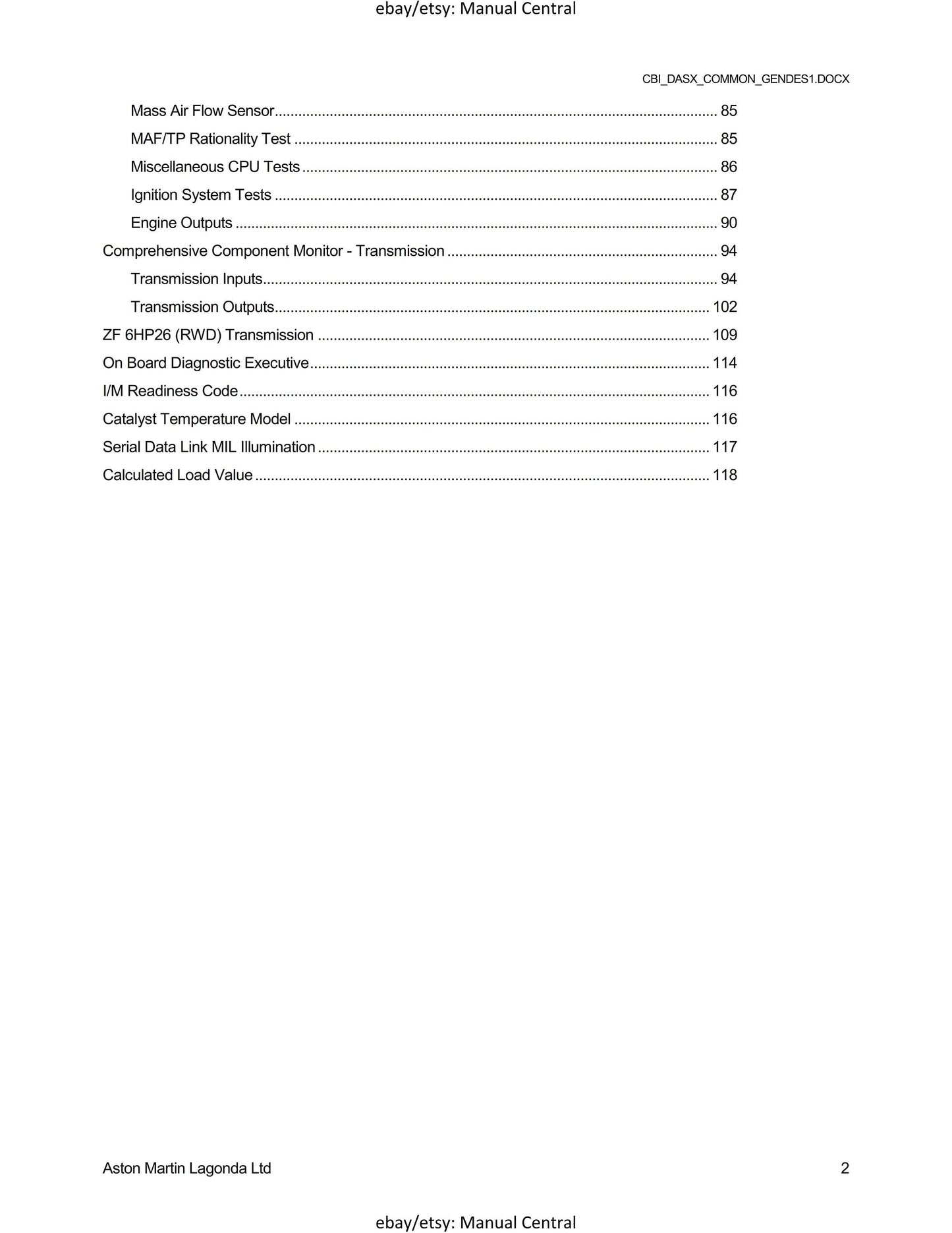 Aston Martin 2013 V8 & V12 OBDII Operation and Description Manual