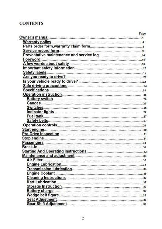 Joyner Off Road Vehicle - JNSZ2000SR JNSZ2000SRB Owners Parts Manual