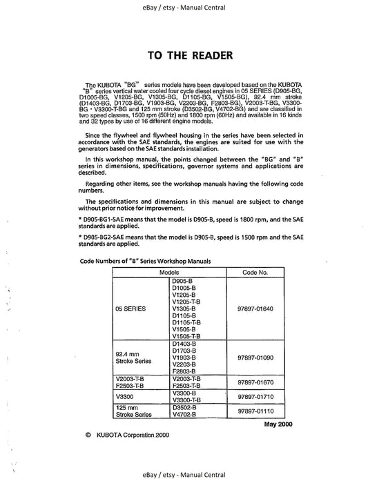Kubota Diesel Engine - BG Series - Workshop Service Repair Manual