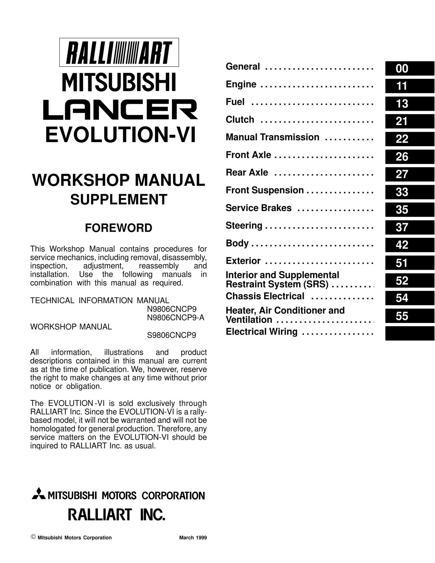 Mitsubishi Lancer Evolution Evo VI 6 - Supplement Workshop Service Repair Manual