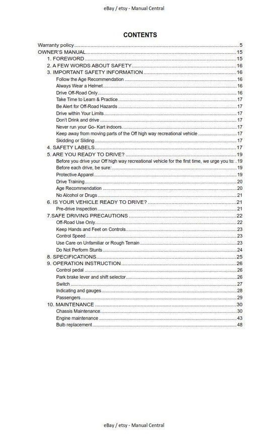 Joyner Off Road Vehicle - JNSZ1100SVB Owners Parts Service Workshop Repair Manual