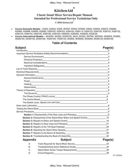 KitchenAid Kitchen Aid - Service Workshop Service Manual - Classic Stand Mixer