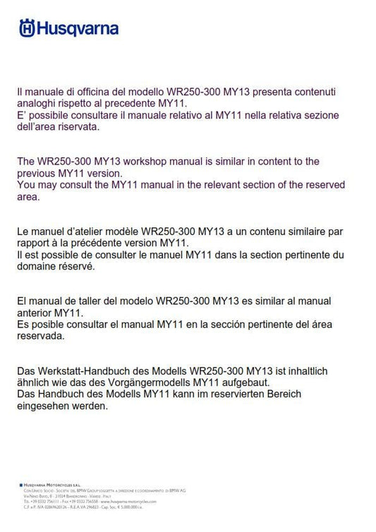 Husqvarna 2011 2012 2013 - WR 250 300 - Service Workshop Repair Manual