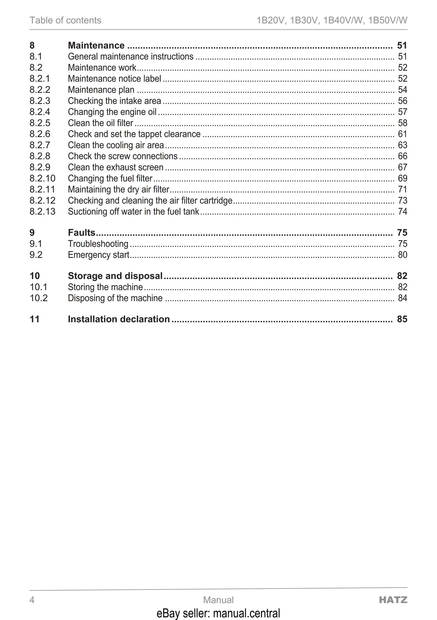 Hatz - 1B20V 1B30V 1B40V 1B40W 1B50V 1B50W - Technical Description, Commissioning Operating Maintaining Manual