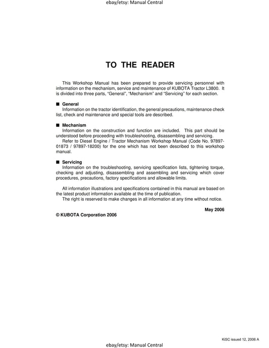 Kubota Tractor - L3800- Workshop Service Repair Manual - 2006 Publication
