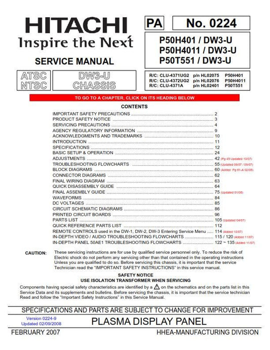 Hitachi Plasma Display Panel - P50H401 P50T501 P50H4011 - Service Manual
