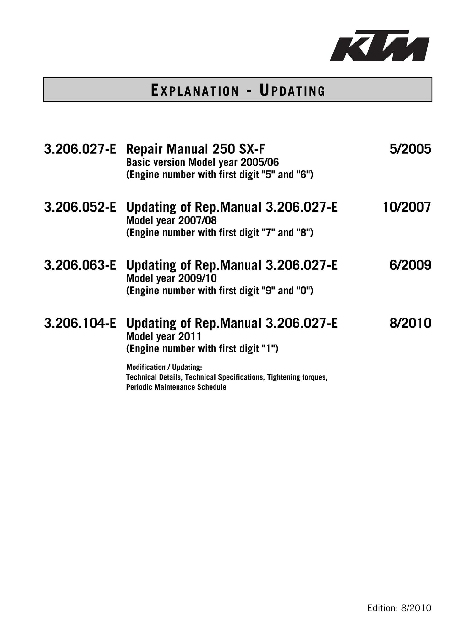 KTM 2005 2006 2007 2008 2009 2010 2011 - 250 Sx-f Exc-f Six Days Xcf-w Xc-f Sxs-f - Engine - Service Workshop Repair Manual