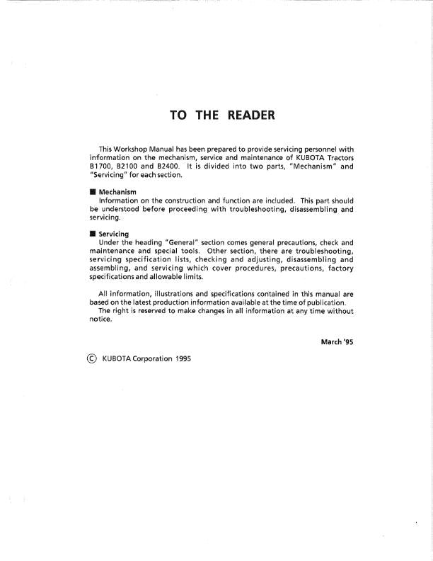 Kubota Tractor - B1700 B2100 B2400 - Workshop Service Repair Manual