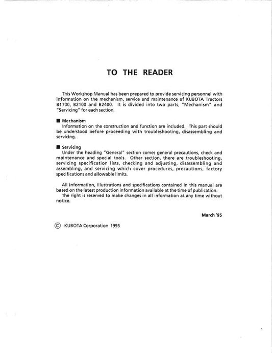 Kubota Tractor - B1700 B2100 B2400 - Workshop Service Repair Manual