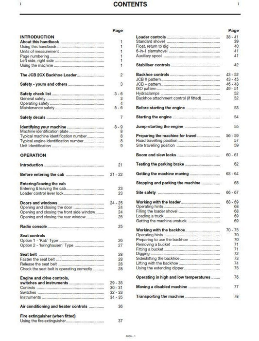 JCB 2CX Backhoe Loader Machines - Operator Handbook - From Serial No 930000