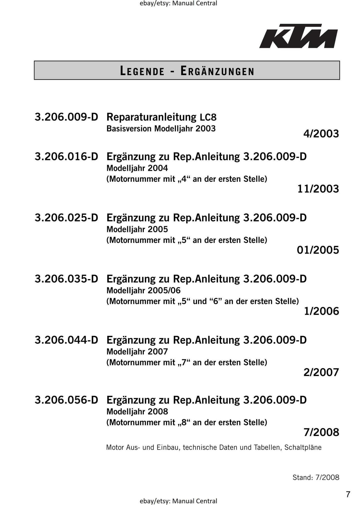 German Language - KTM 2003 - 2008 - 950 990 Adventure - Super Duke R - Supermoto /R - Super Enduro - Engine - Reparaturanleitung