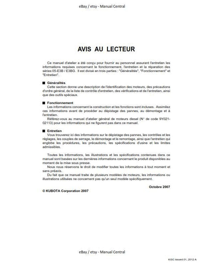 French Language - Kubota Diesel Engine -Serie 05-E3B 05-E3BG - Manuel D'Atelier - Moteur Diesel
