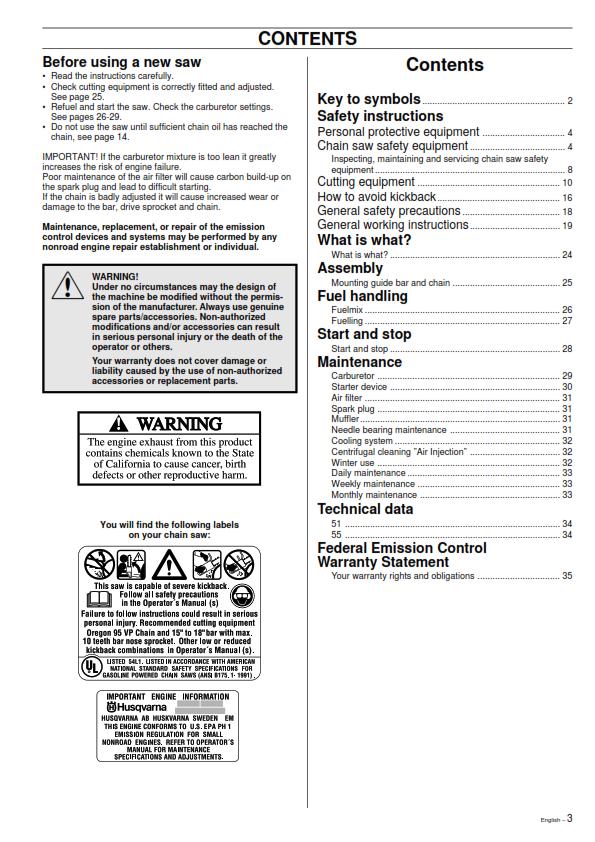 Husqvarna Chainsaw - 51 55 Operator Manual