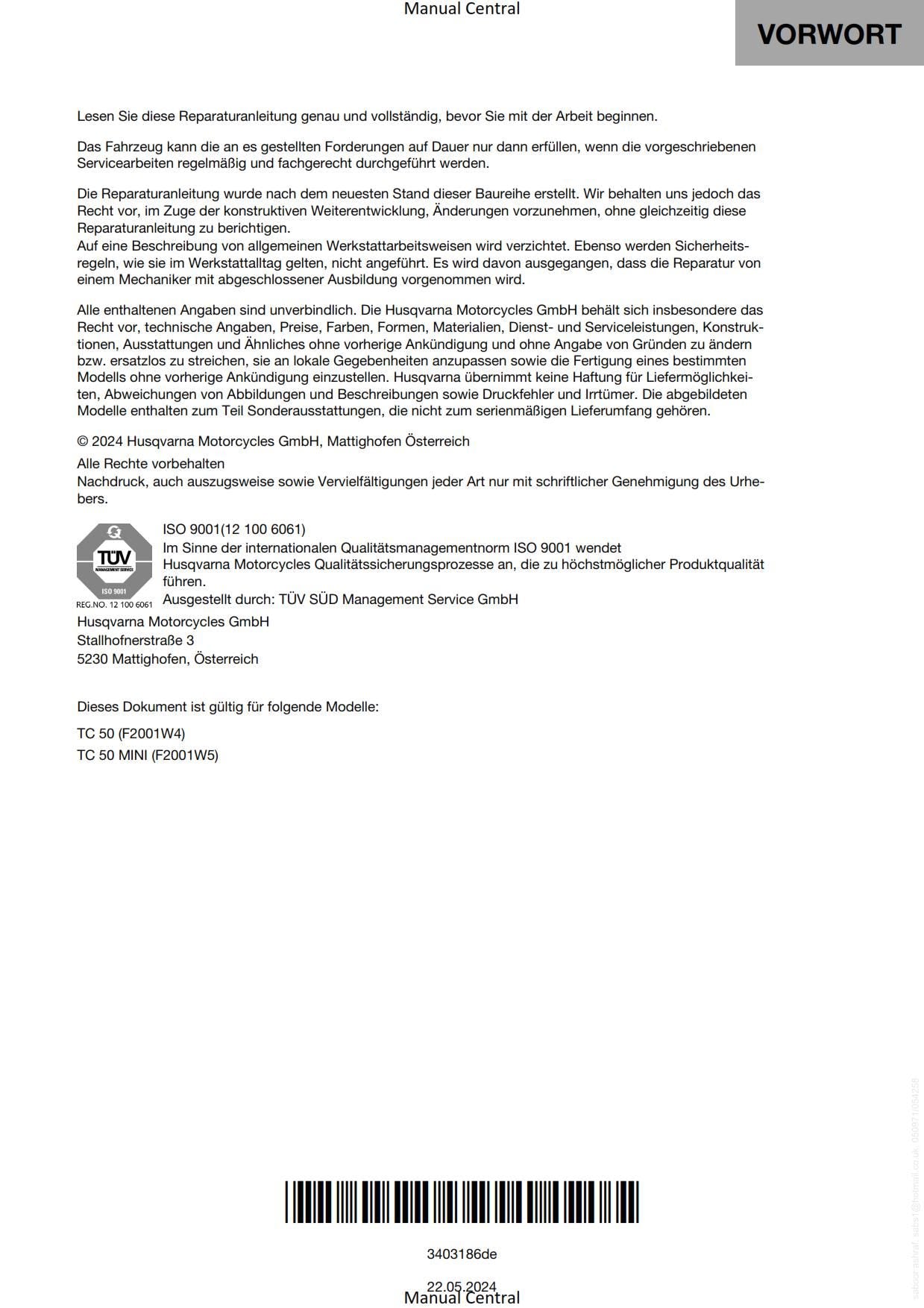 German Language - Husqvarna 2023 - TC 50  Mini - Reparaturanleitung