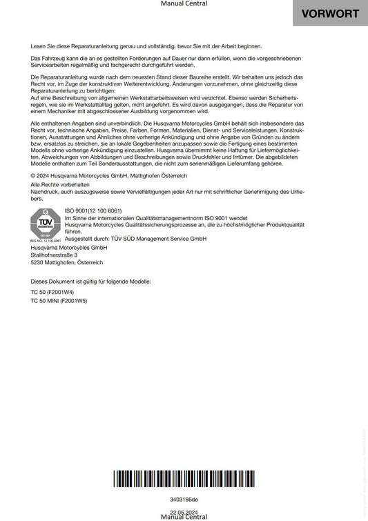 German Language - Husqvarna 2023 - TC 50  Mini - Reparaturanleitung