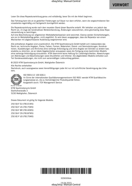 German Language - KTM 2023 - 250 Xc-f Sx-f - Reparaturanleitung - Service Workshop Repair Manual