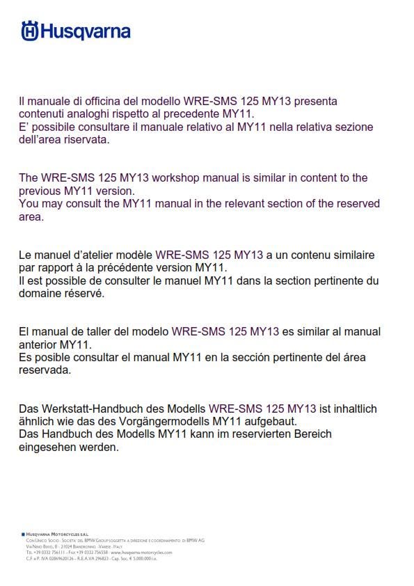 Husqvarna 2011 2012 2013 - WRE SMS 125 - Service Workshop Repair Manual