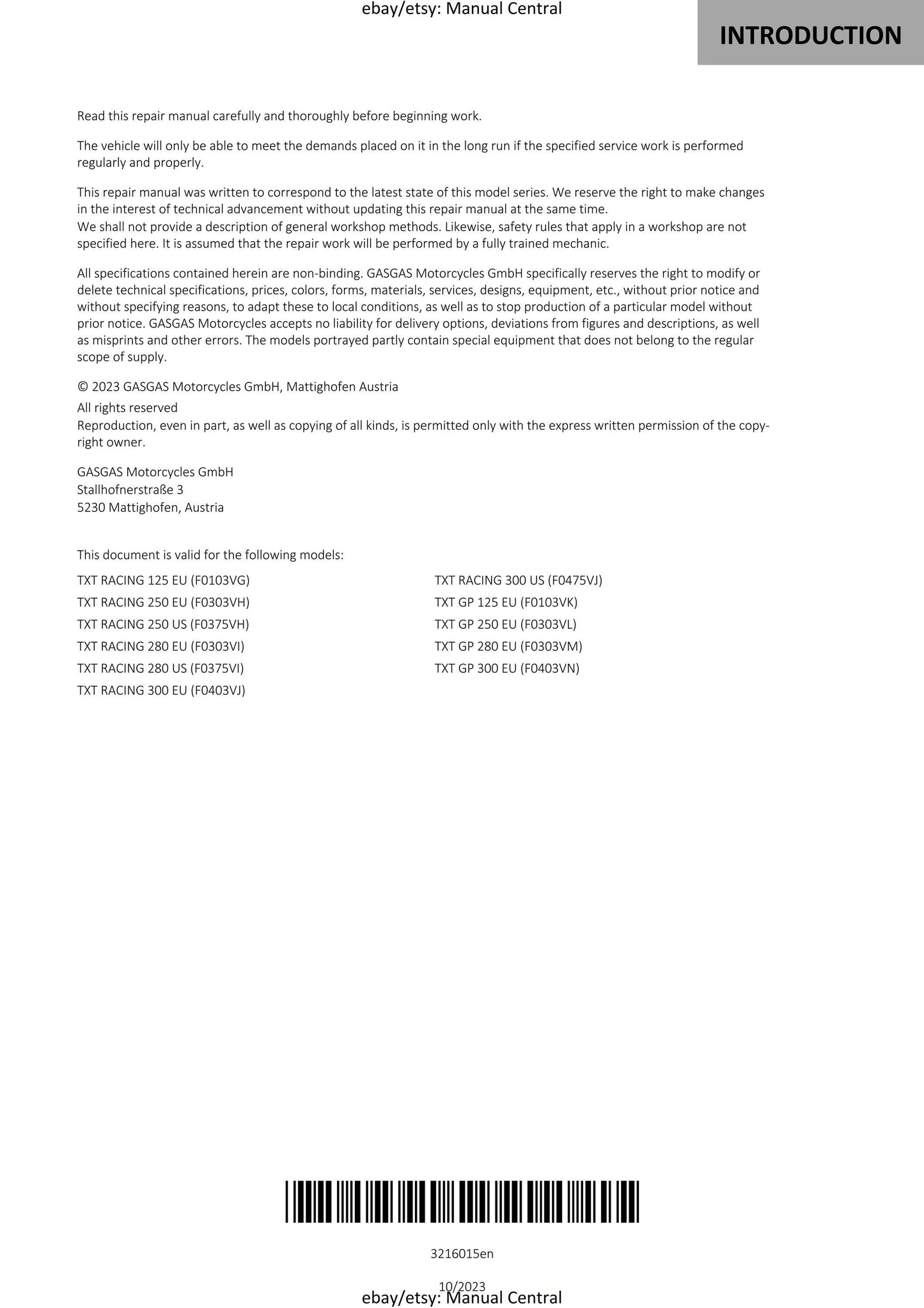 GasGas 2022 - TXT RACING GP 125 250 280 300 - Service Workshop Repair Manual