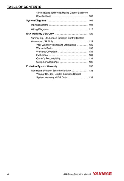 Yanmar Marine Engine -  JH4 Series - 3jh4e 4jh4ae 4jh4-te 4jh4-hte - Operation Manual