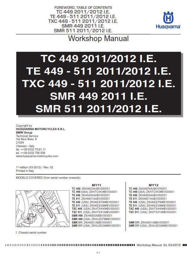 Husqvarna 2011 2012 2013 - Tc Te Txc Smr 449 511 Service Workshop Repair Manual