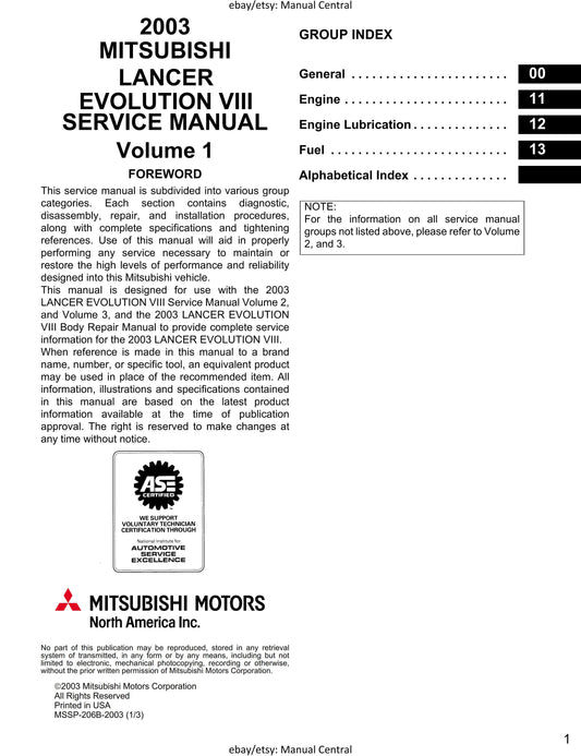 PDF - Mitsubishi Lancer Evolution Evo VIII 8 - Complete Workshop Service Repair Manual