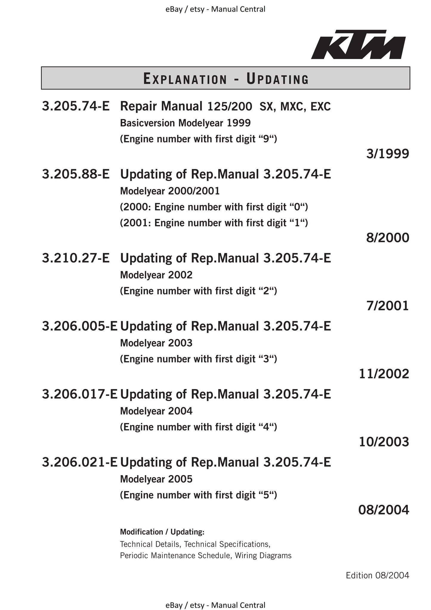 KTM 1999 to 2005 - 125 200 SX Exc Egs Supermoto - Engine Service Workshop Repair Manual