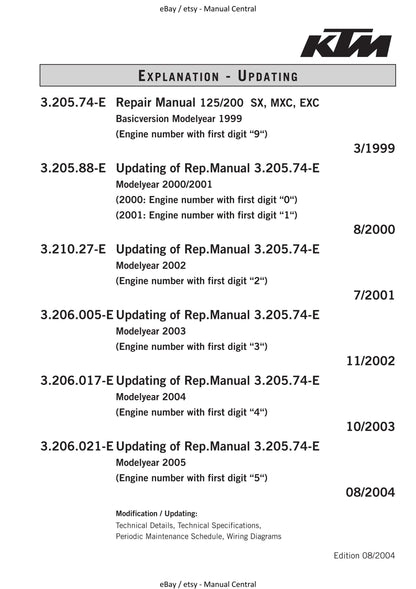 KTM 1999 to 2005 - 125 200 SX Exc Egs Supermoto - Engine Service Workshop Repair Manual